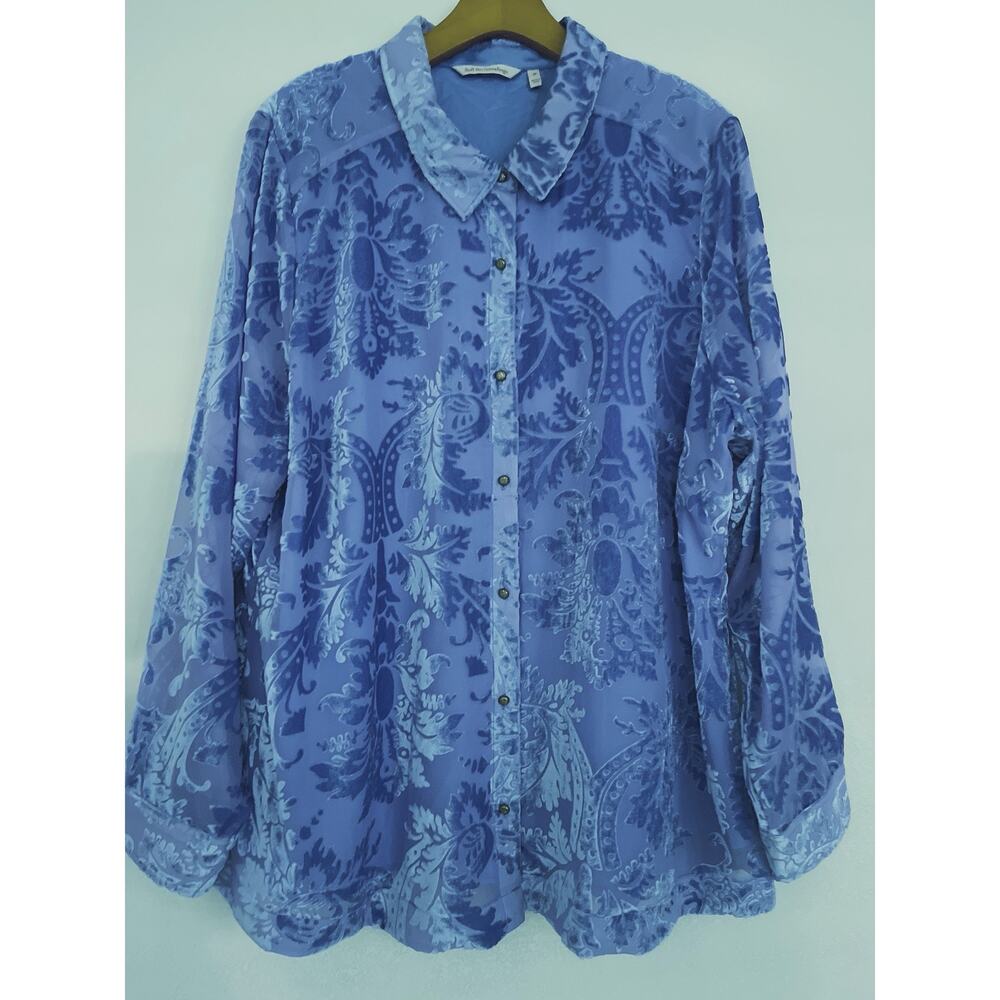 Soft Surroundings Blouse Women 2X Blue Purple Velvet Burnout Floral Button Tunic